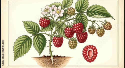 Illustration of a raspberry plant with ripe and unripe berries, green leaves, and white flowers on a beige background.