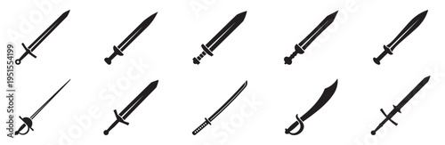Swords icon set. Medieval sword and blade icons set ancient cold weapon silhouettes. Vector Illustration. 