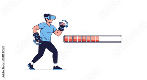 Person playing virtual reality game with VR headset and controllers, showing a loading progress bar for an immersive digital experience.