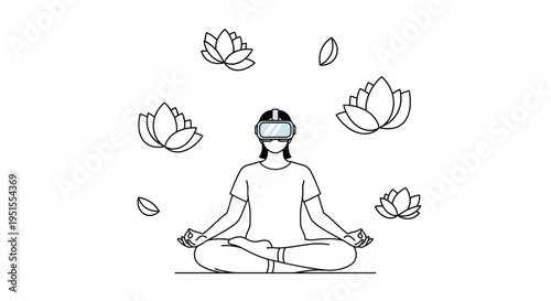 Person meditating in virtual reality with VR headset and floating lotus flowers, symbolizing digital mindfulness and technological relaxation.