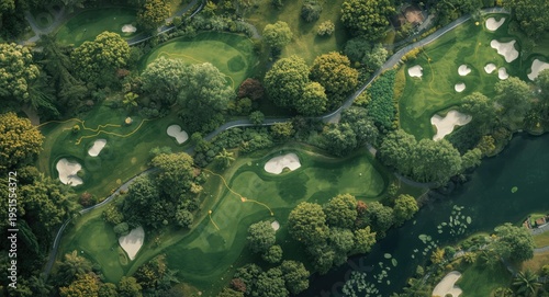 Birds eye oil depiction of a golf course highlighting various holes and connecting trails
