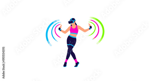 Young woman enjoying immersive virtual reality fitness game, dancing and exercising in a futuristic metaverse world with vibrant digital interactions.