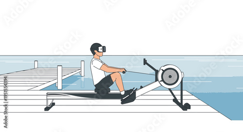 Person using a virtual reality headset while exercising on a rowing machine outdoors on a pier by the water, blending technology and fitness.
