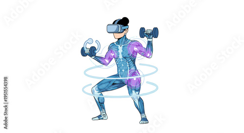 Woman exercising in virtual reality with dumbbells, showcasing futuristic fitness technology and digital workout tracking for health and wellness.