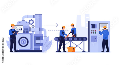 Modern Factory Production Line: Engineers & Workers Oversee Industrial Automation, Assembly, and Process Control. Manufacturing Operations Vector Illustration.