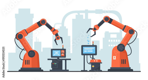 Industrial Robotic Arms Automating Production Line in Modern Factory. Flat Vector Illustration of Advanced Manufacturing and Technology.