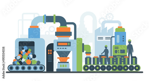 Automated Industrial Production Line with Workers & Manufacturing Process Flat Vector Illustration