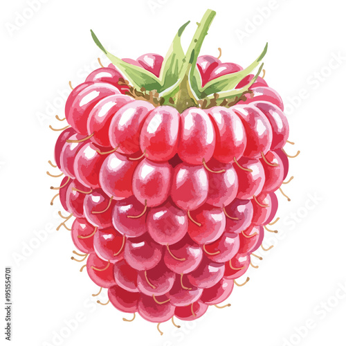 High-quality illustration of a ripe, red raspberry with green leaves against a clean white background.