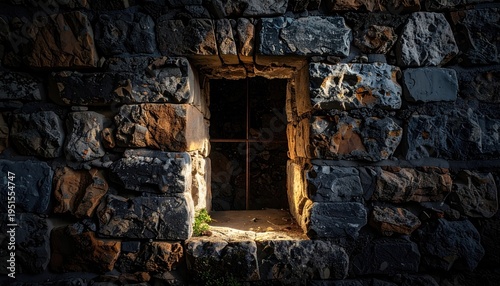 Ancient Rough Stone Wall with a Shadowy Recess and Grated Opening