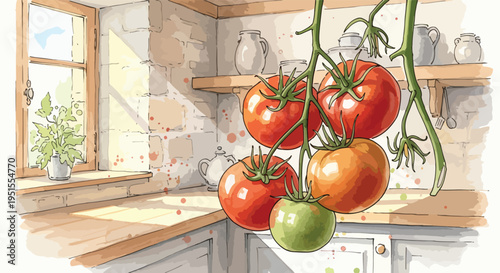 Illustration of vine-ripened tomatoes hanging from a stem against a kitchen backdrop with a window and rustic shelves.