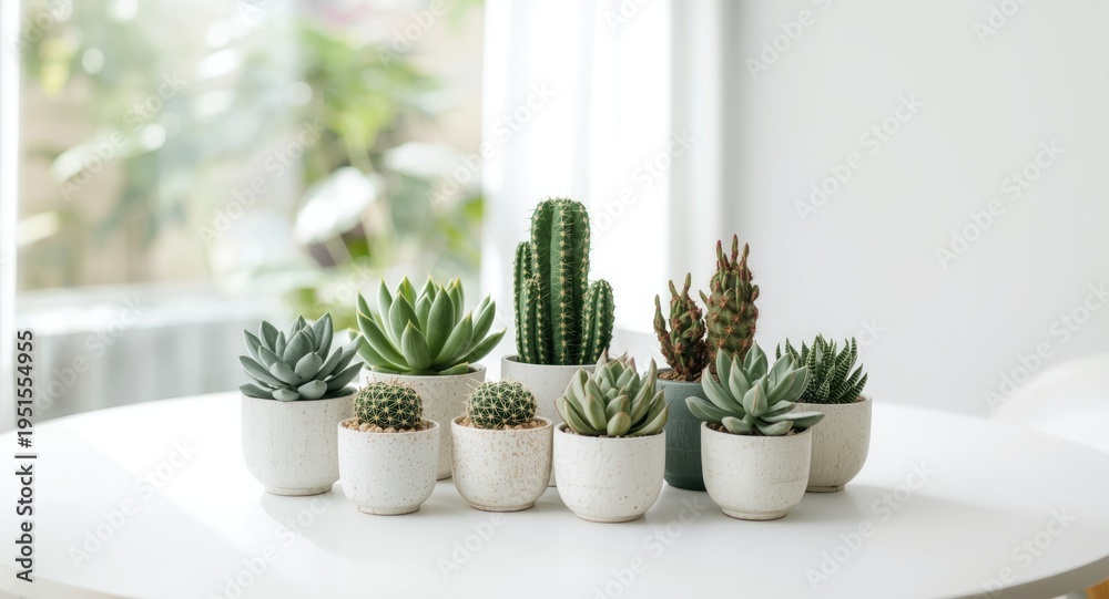 Obraz premium Multiple potted succulents alongside cactus plants on a white table featuring copy space area