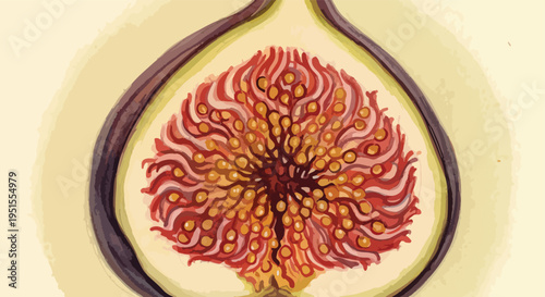 Vibrant cross-section of a cut fig with intricate pulp pattern on a light background.