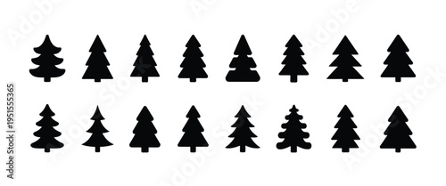 Christmas Tree Icon Set with Pine Silhouette Vector Illustration