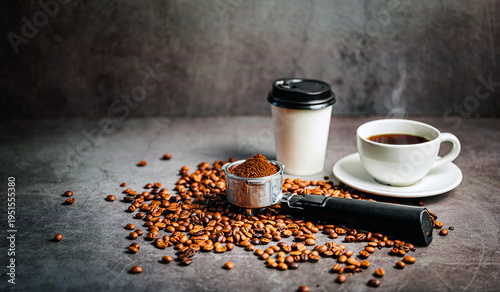 Freshly ground coffee in portafilter with roasted coffee beans and takeaway cup and coffee cup