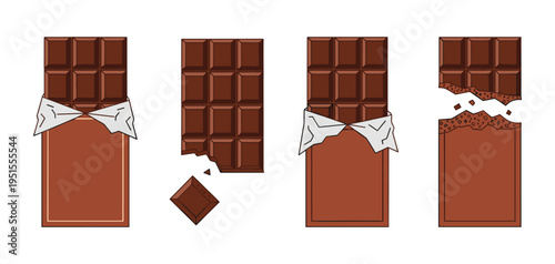 Milk chocolate bar set with open foil packaging and broken pieces vector design