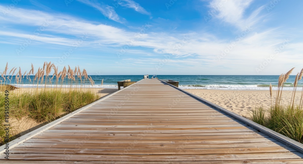 Fototapeta premium Low perspective of a seaside wooden deck and boardwalk with pier patio
