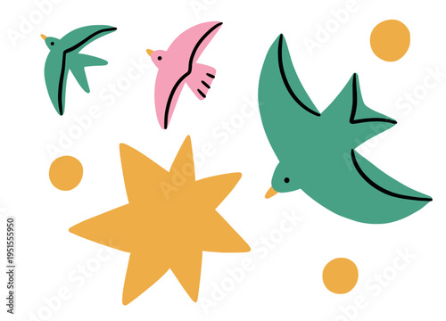 Three stylized swallows in teal and pink soar through a sky filled with a large mustard star and floating circles. The composition is dynamic, capturing a sense of freedom and joyous movement.