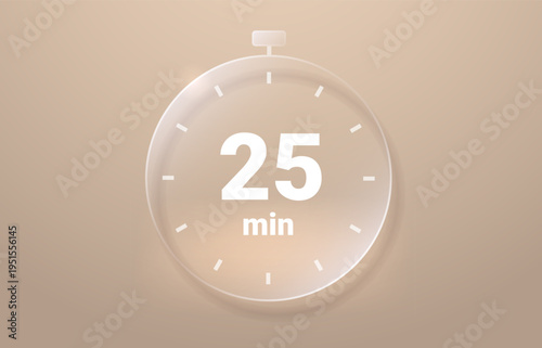 25 Min Time Interval for Productivity and Focus. Modern Business Glassmorphic Banner with Clock