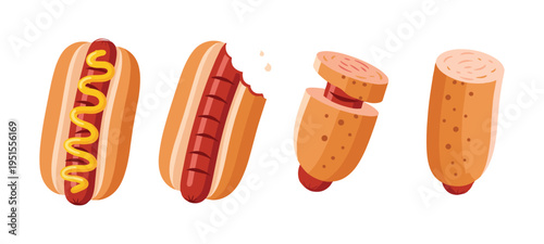 Hot dog vector collection with mustard and bun illustration isolated on transparent