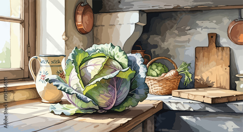 A rustic kitchen interior with a whole cabbage on a wooden table next to a cutting board and basket with vegetables.