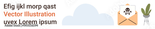 Cybersecurity, digital threats, email phishing, online scams, malicious communication, data safety. Envelope with a skull icon next to a plant and cloud. Cybersecurity and email phishing
