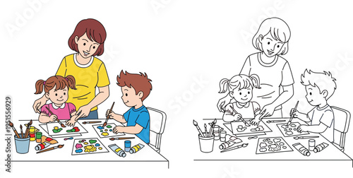Mother and Children Painting Together - Creative Art Activity for Kids