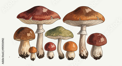 Watercolor illustration of various mushrooms in different sizes and colors on a white background.