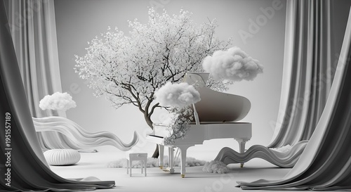 Elegant black and white piano with artistic tree and cloud elements