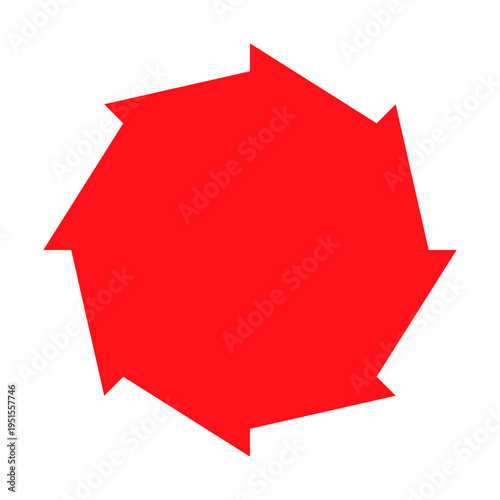 Red jagged gear shape with sharp edges. Dynamic mechanical element for industrial branding vector illustration.