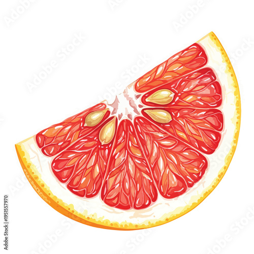 A slice of grapefruit with red pulp and seeds on a white background, showcasing its vibrant color and juicy texture in a close-up view.