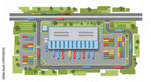 Global Logistics Hub: Top-Down View of Warehouse, Trucks, Containers, and Rail Freight Transportation