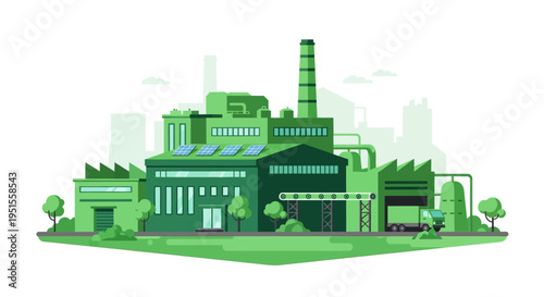 Sustainable Green Factory with Solar Panels. Modern Eco-Friendly Industrial Plant Building. Clean Energy & Production Vector Illustration.