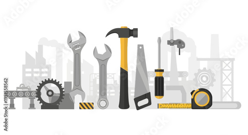 Industrial Tools & Manufacturing Concept Vector Illustration. Construction, Repair, Engineering Background with Factory Silhouettes.