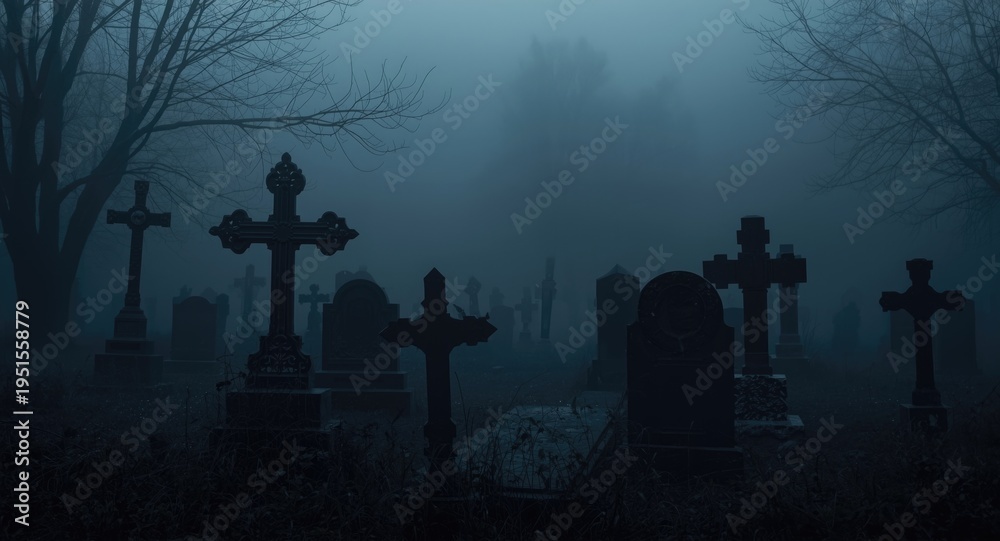 Fototapeta premium Haunted graveyard featuring dark stone crosses and tombstones surrounded by thick Halloween fog