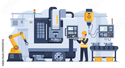 Modern Industrial Automation & Manufacturing Process with Worker and Robotic Arm