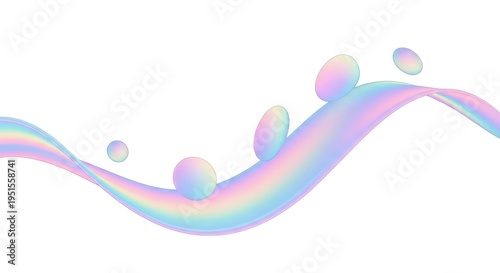 Holographic iridescent wave with pastel liquid drops on white background