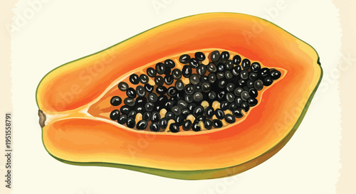A cut open papaya with black seeds on a plain background, showcasing its vibrant orange and green colors.