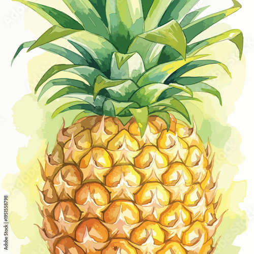 Vibrant watercolor illustration of a ripe pineapple with lush green leaves on a soft yellow and green background.