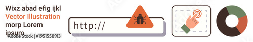 Cybersecurity, digital threats, online safety, user interaction, data visualization, risk awareness. URL with a warning icon, hand selecting and donut chart. Cybersecurity and digital threats