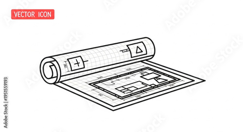 Isometric illustration of a rolled-up blueprint with architectural plans and technical drawings.