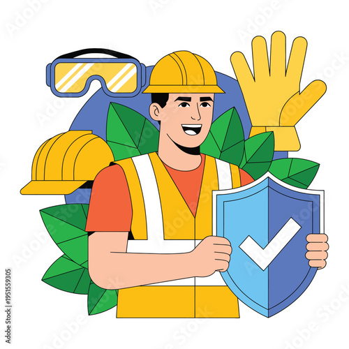 A cartoon construction worker holding a shield with a checkmark