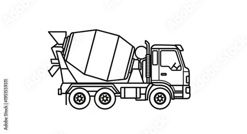 Line drawing of a concrete mixer truck, depicting its side profile with detailed features.