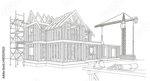 Construction site of a house with scaffolding, crane, and blueprints, in progress.