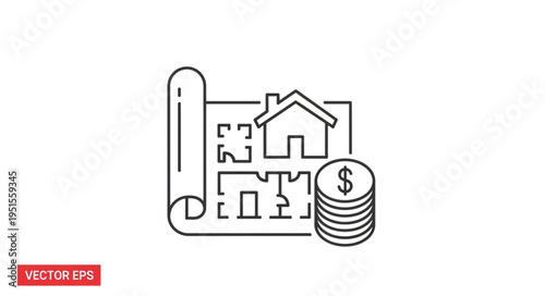Blueprint with house and coins, representing real estate investment and construction costs.