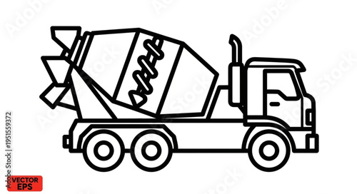 Line art illustration of a concrete mixer truck, suitable for construction and transport.