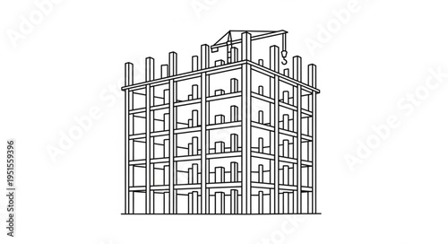 Black and white illustration of a building under construction with a crane.