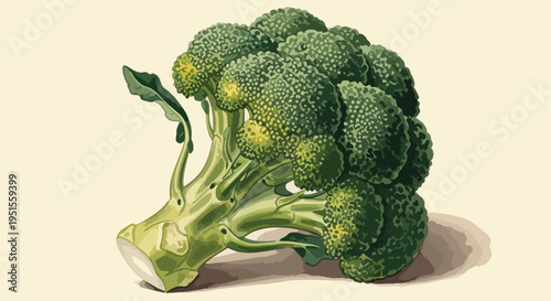 A detailed illustration of a single green broccoli floret with a cream-colored background and subtle shadowing.