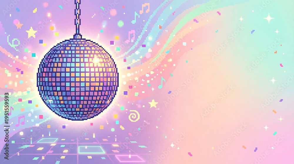 Obraz premium Pixelated disco ball on a pastel background with swirling confetti, perfect for retro parties and celebrations
