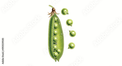 High-angle close-up of an open green pea pod with scattered peas against a clean white background.