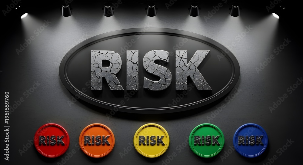 Fototapeta premium Large cracked risk sign with colorful buttons on a dark background
